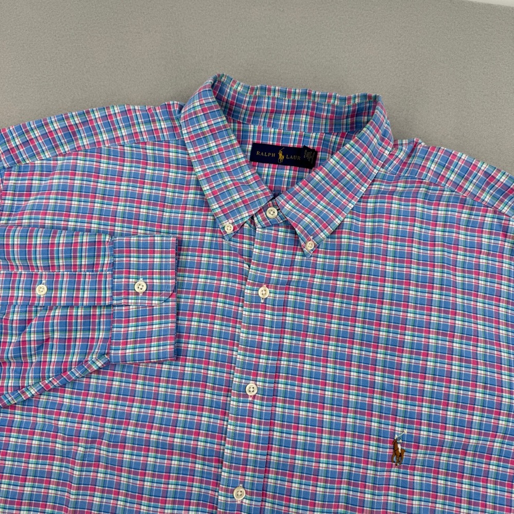 Ralph Lauren Oxford Long‎ Sleeve Button Down Mens 2XB Blue/Red Plaid Flesh Pony